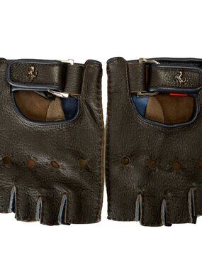 Scuderia Ferrari Men's Dark Brown Leather Fingerless Gloves Sz Small
